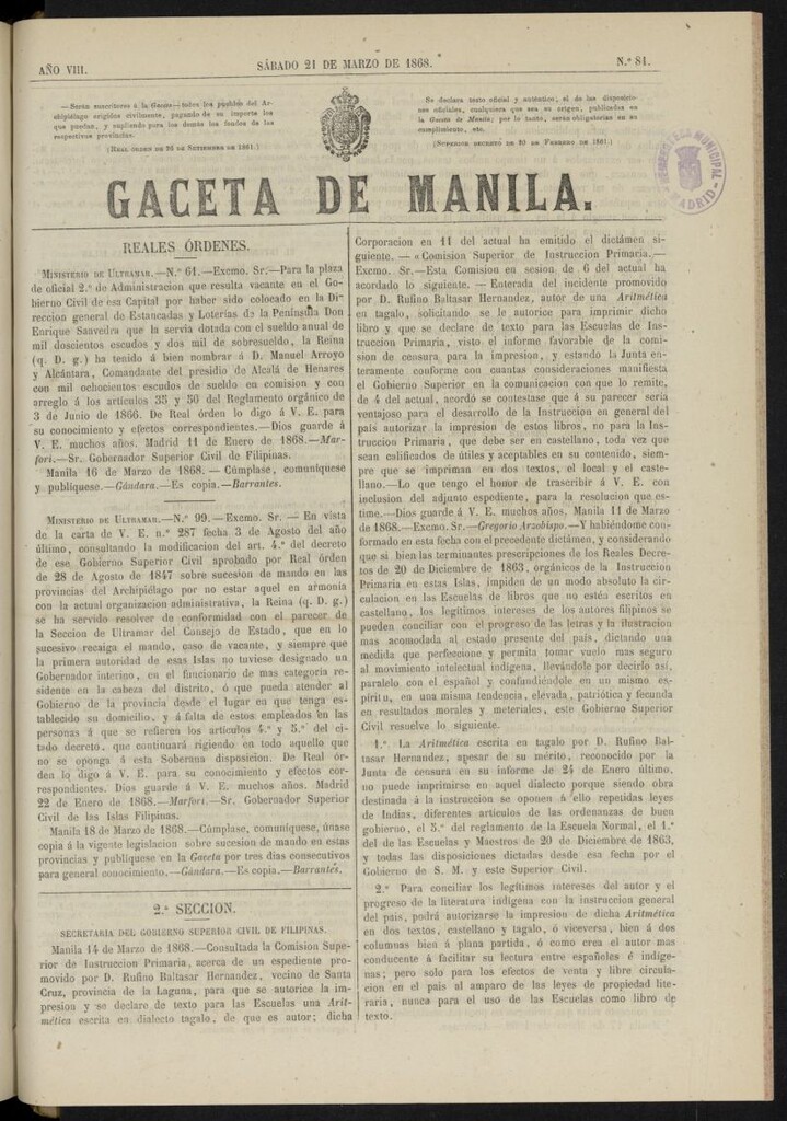 Miniatura de Gaceta de Manila del 21 de marzo de 1868, nº 81
