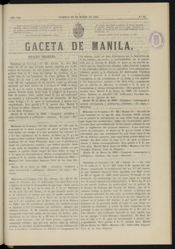 Miniatura de Gaceta de Manila del 22 de marzo de 1868, nº 82