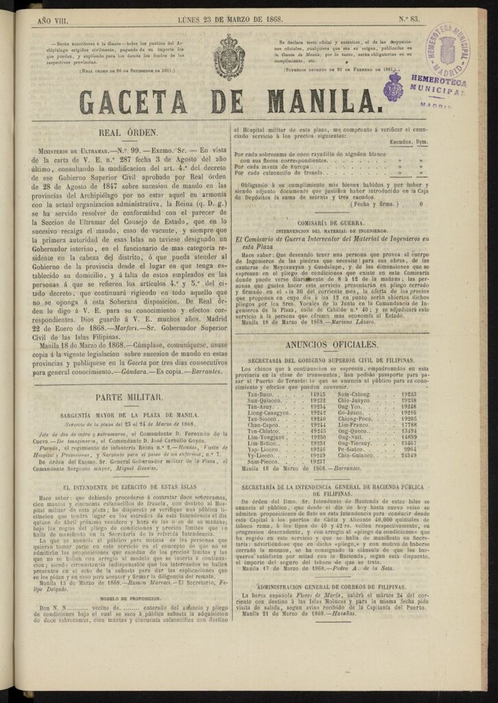 Miniatura de Gaceta de Manila del 23 de marzo de 1868, nº 83