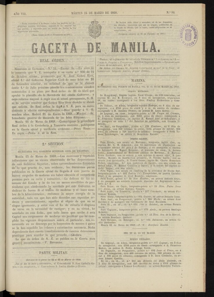 Miniatura de Gaceta de Manila del 24 de marzo de 1868, nº 84
