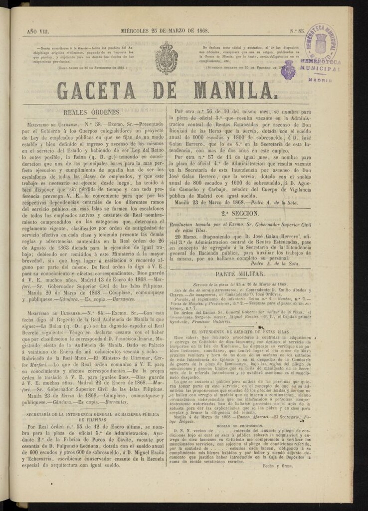 Miniatura de Gaceta de Manila del 25 de marzo de 1868, nº 85