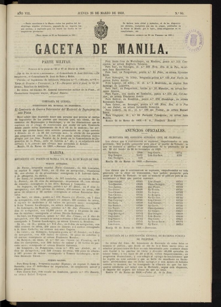Miniatura de Gaceta de Manila del 26 de marzo de 1868, nº 86
