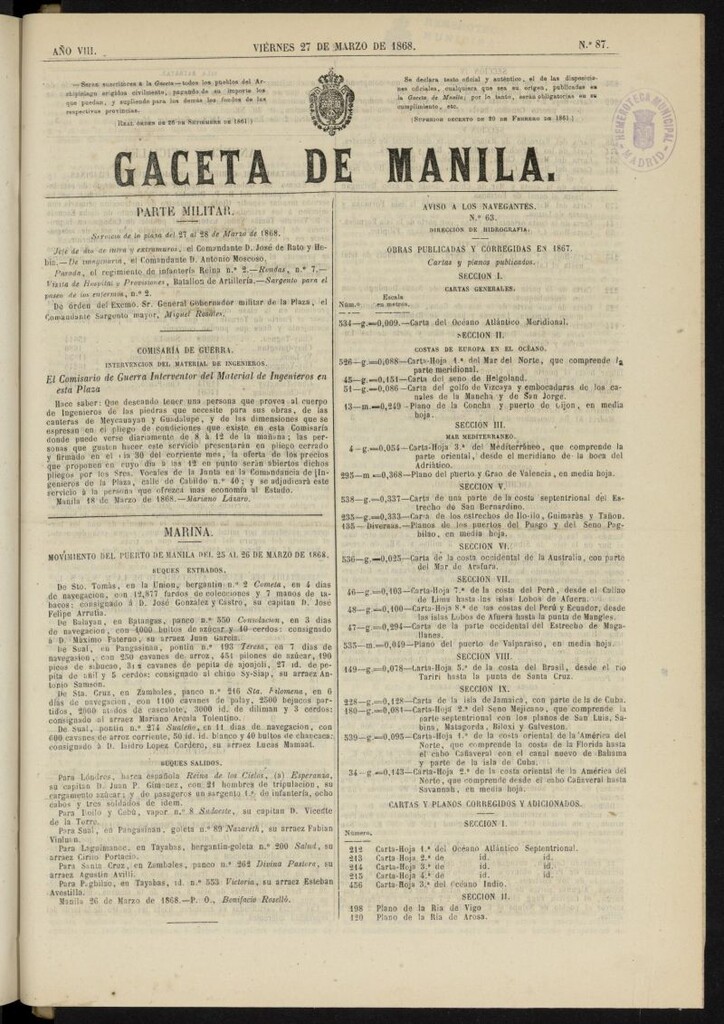Miniatura de Gaceta de Manila del 27 de marzo de 1868, nº 87