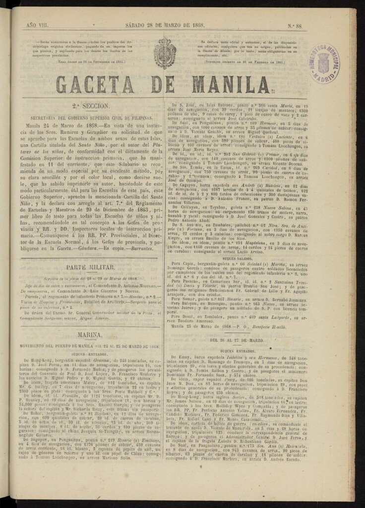 Miniatura de Gaceta de Manila del 28 de marzo de 1868, nº 88
