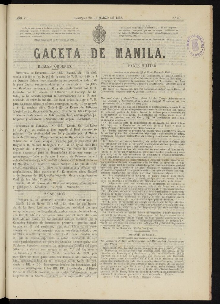 Miniatura de Gaceta de Manila del 29 de marzo de 1868, nº 89