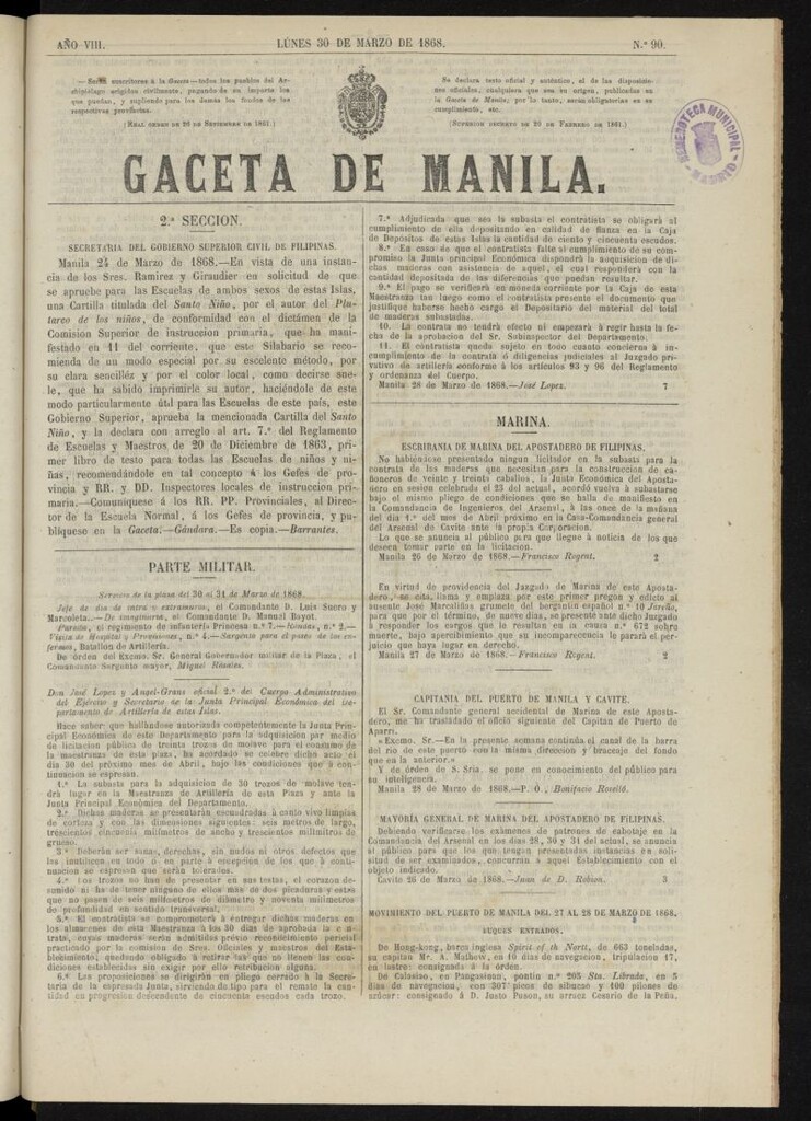 Miniatura de Gaceta de Manila del 30 de marzo de 1868, nº 90