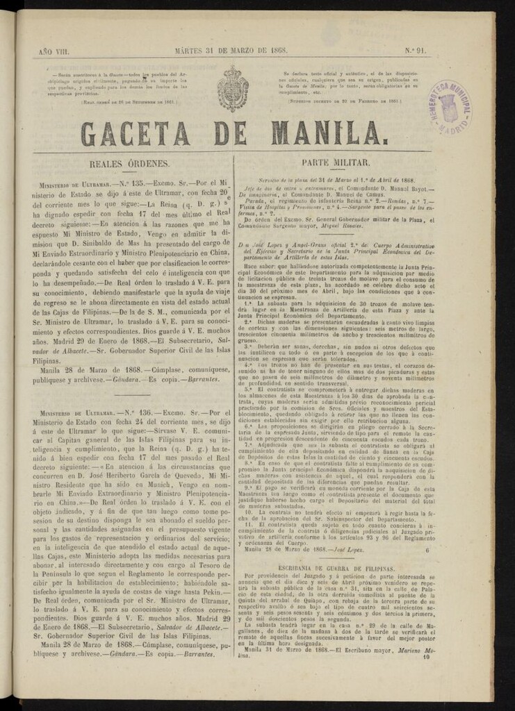 Miniatura de Gaceta de Manila del 31 de marzo de 1868, nº 91