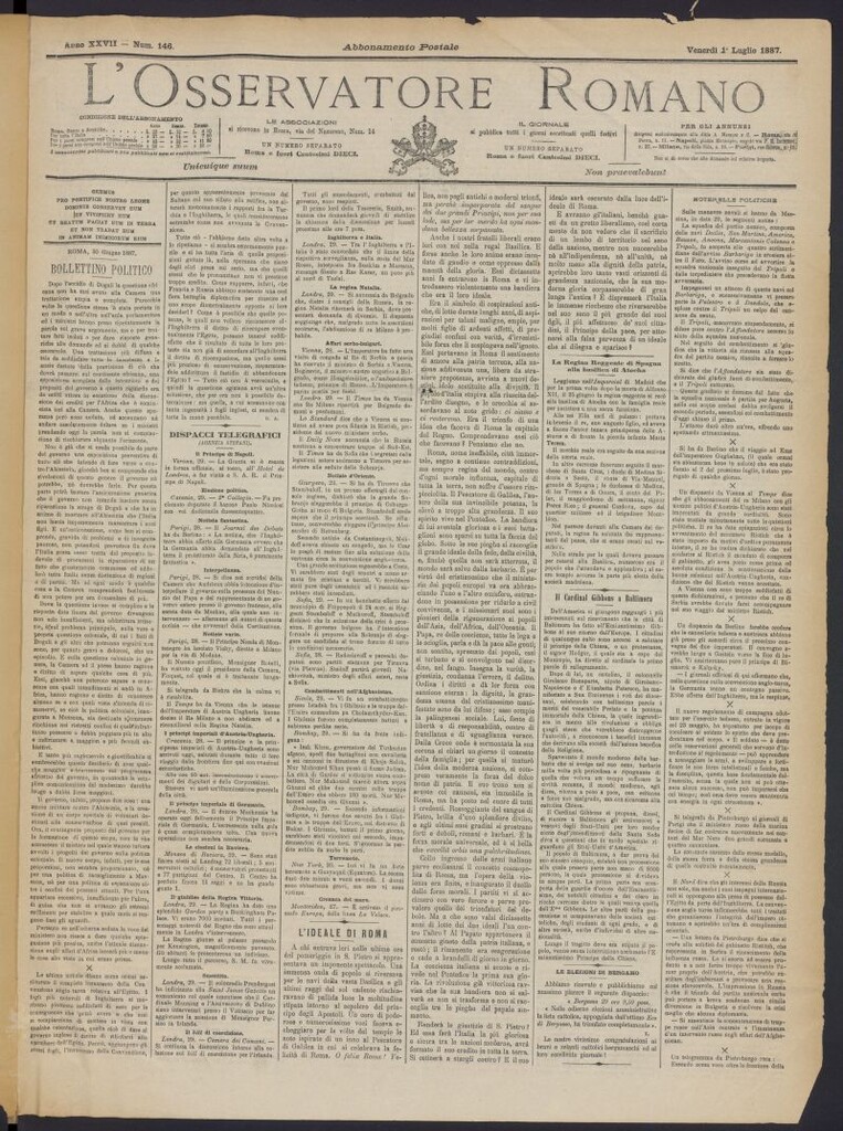 Miniatura de L´Osservattore Romano del 1 de julio de 1887, nº 146