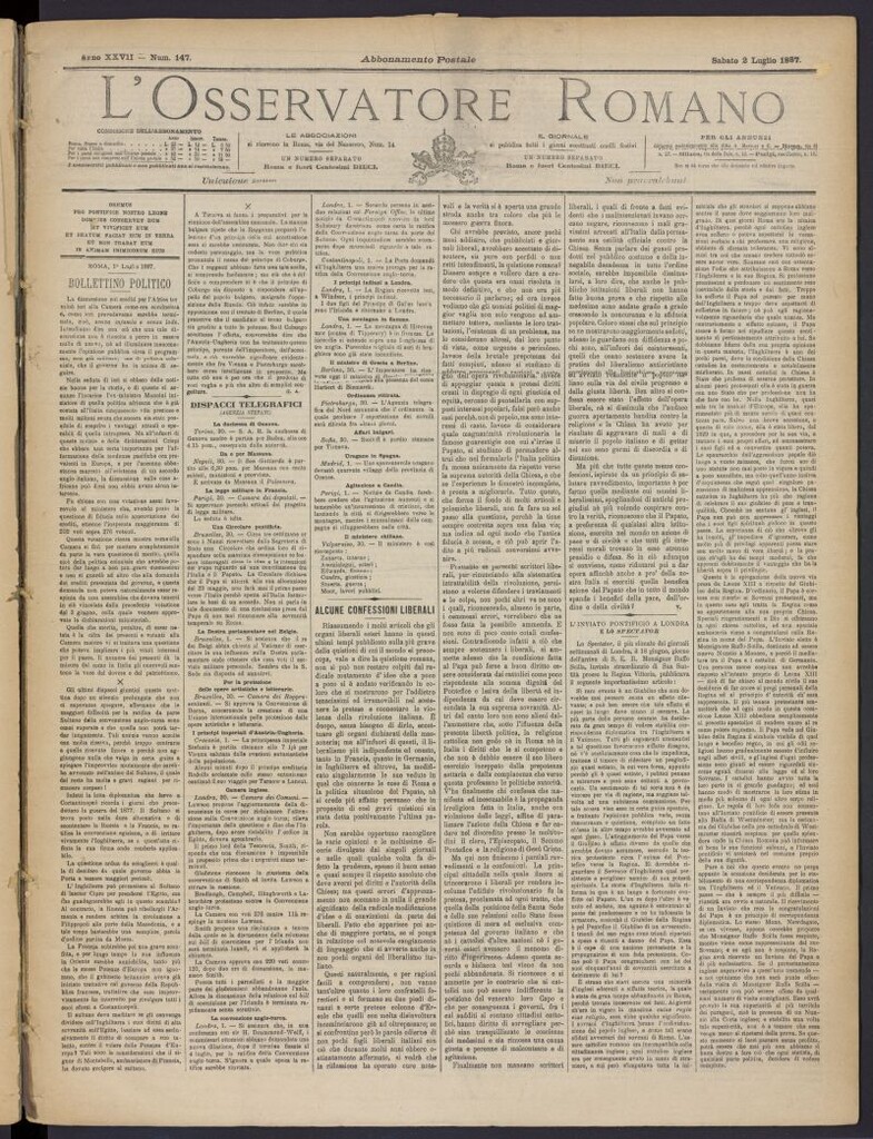 Miniatura de L´Osservattore Romano del 2 de julio de 1887, nº 147