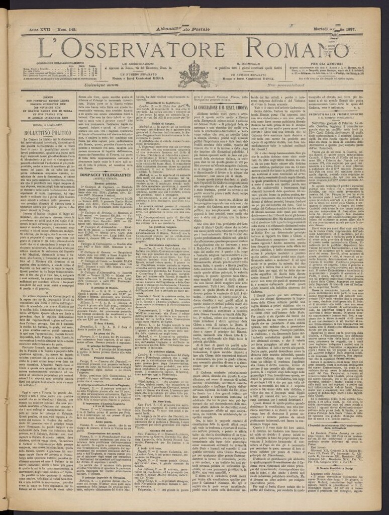 Miniatura de L´Osservattore Romano del 5 de julio de 1887, nº 149