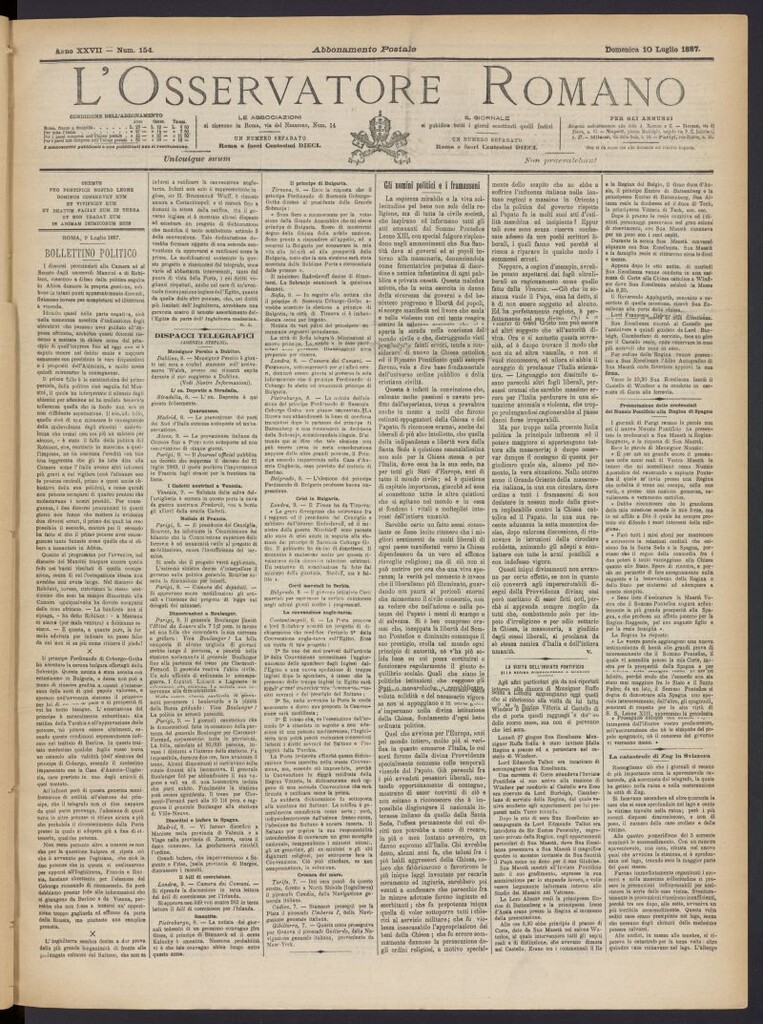 Miniatura de L´Osservattore Romano del 10 de julio de 1887, nº 154