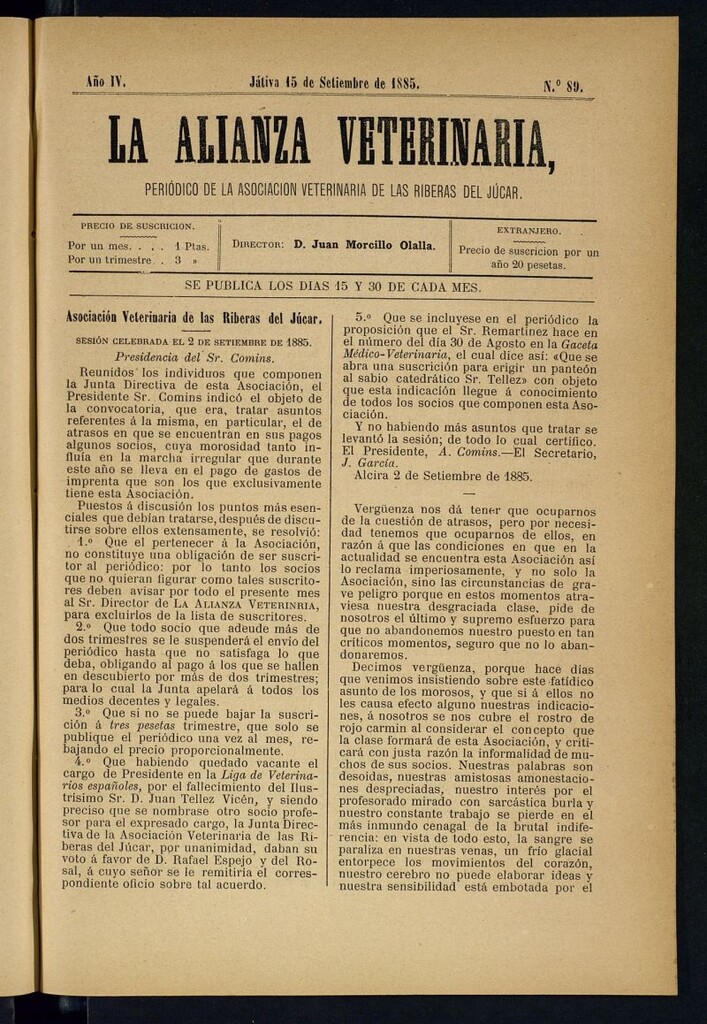 Miniatura de La alianza veterinaria, periódico de la Asociación veterinaria de las riberas del Júcar del 15 de septiembre de 1885