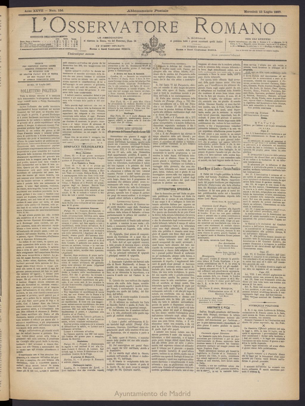 Miniatura de L´Osservattore Romano del 13 de julio de 1887, nº 156