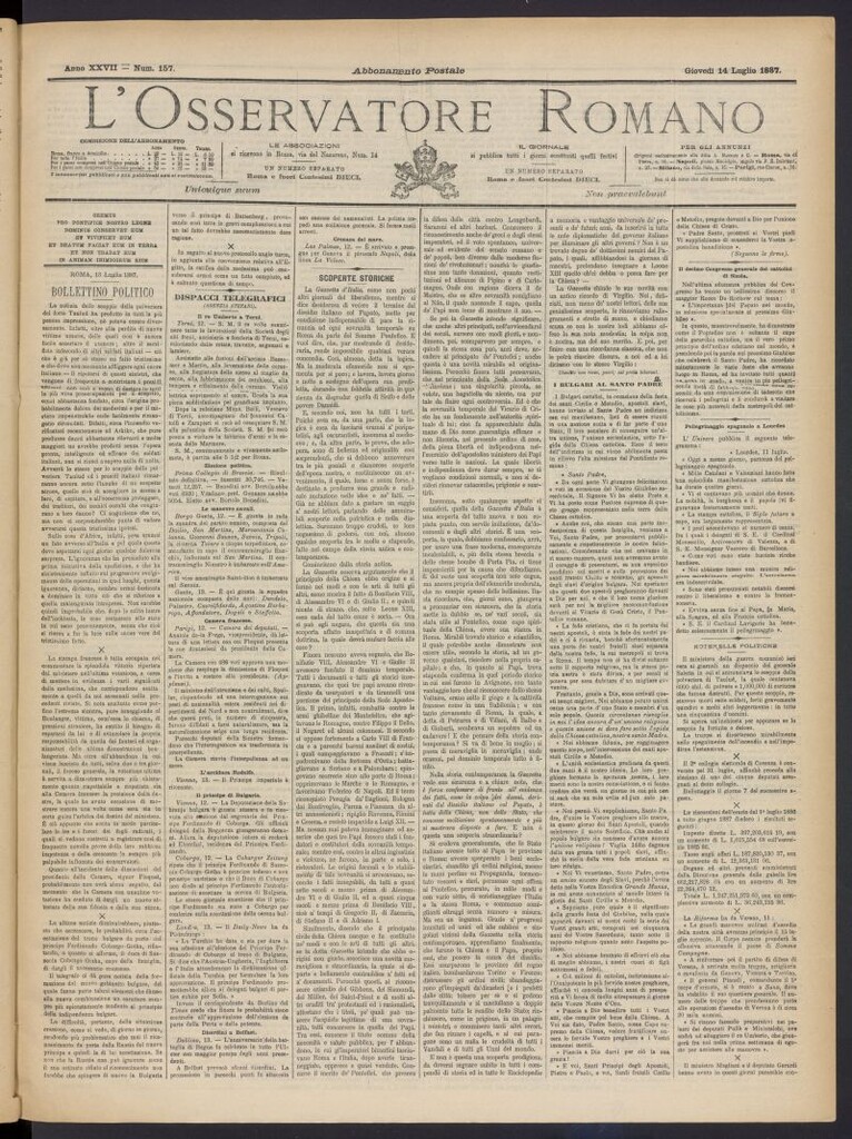 Miniatura de L´Osservattore Romano del 14 de julio de 1887, nº 157