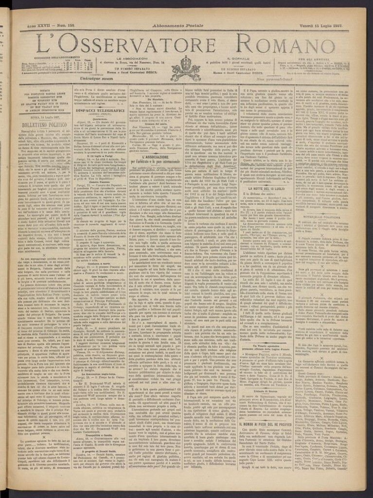 Miniatura de L´Osservattore Romano del 15 de julio de 1887, nº 158