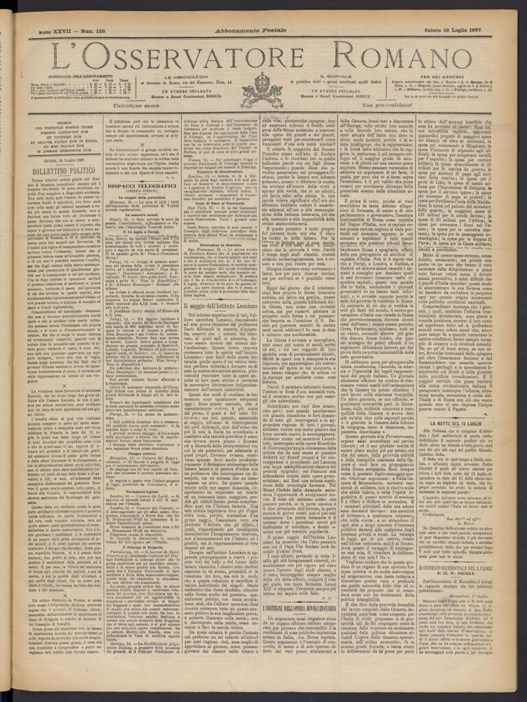 Miniatura de L´Osservattore Romano del 16 de julio de 1887, nº 159