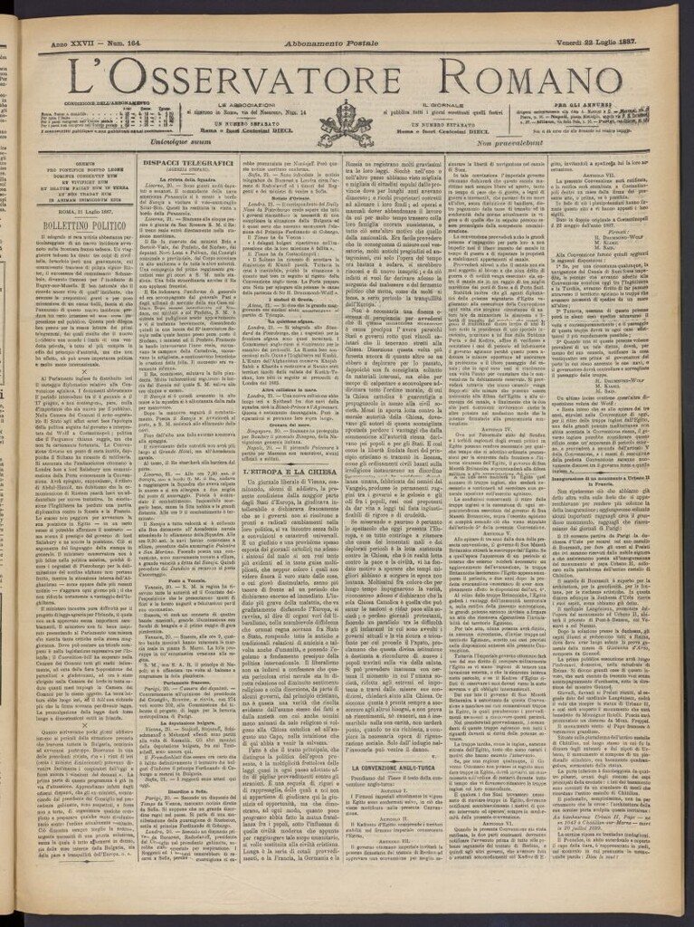 Miniatura de L´Osservattore Romano del 22 de julio de 1887, nº 164