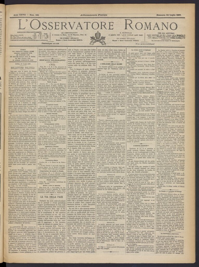 Miniatura de L´Osservattore Romano del 24 de julio de 1887, nº 166
