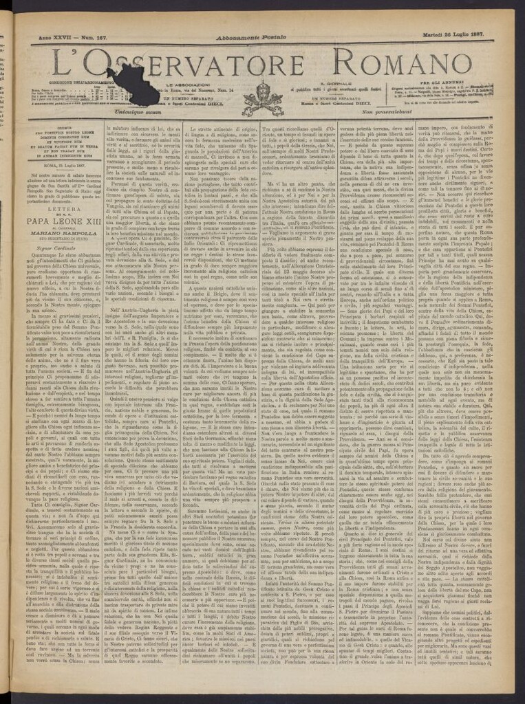 Miniatura de L´Osservattore Romano del 26 de julio de 1887, nº 167