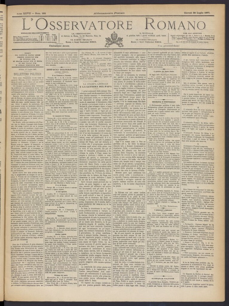 Miniatura de L´Osservattore Romano del 28 de julio de 1887, nº 169