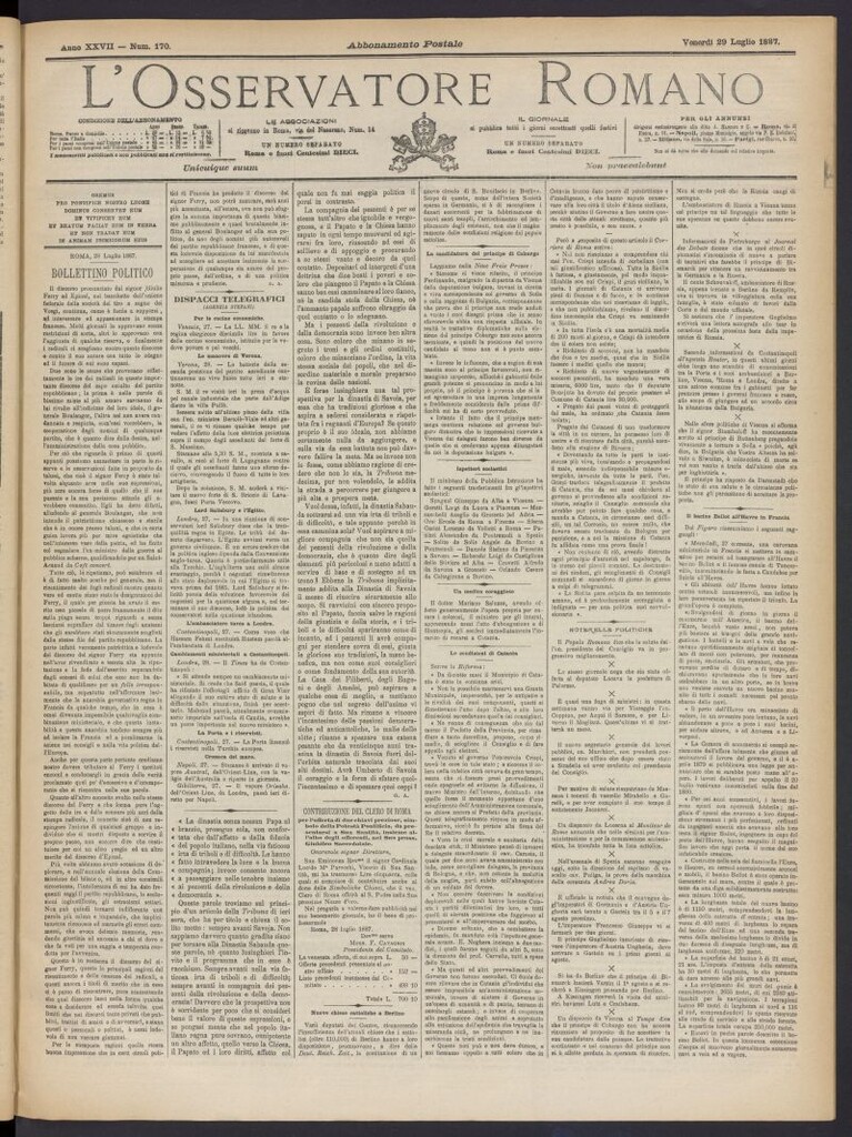 Miniatura de L´Osservattore Romano del 29 de julio de 1887, nº 170