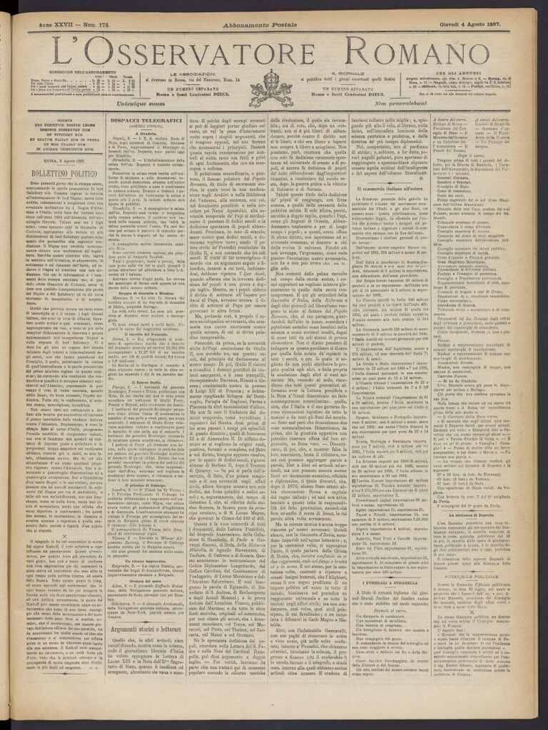 Miniatura de L´Osservattore Romano del 4 de agosto de 1887, nº 175