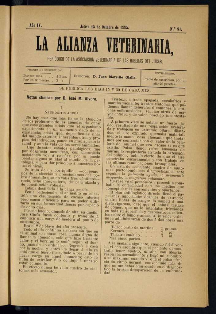 Miniatura de La alianza veterinaria, periódico de la Asociación veterinaria de las riberas del Júcar del 15 de octubre de 1885