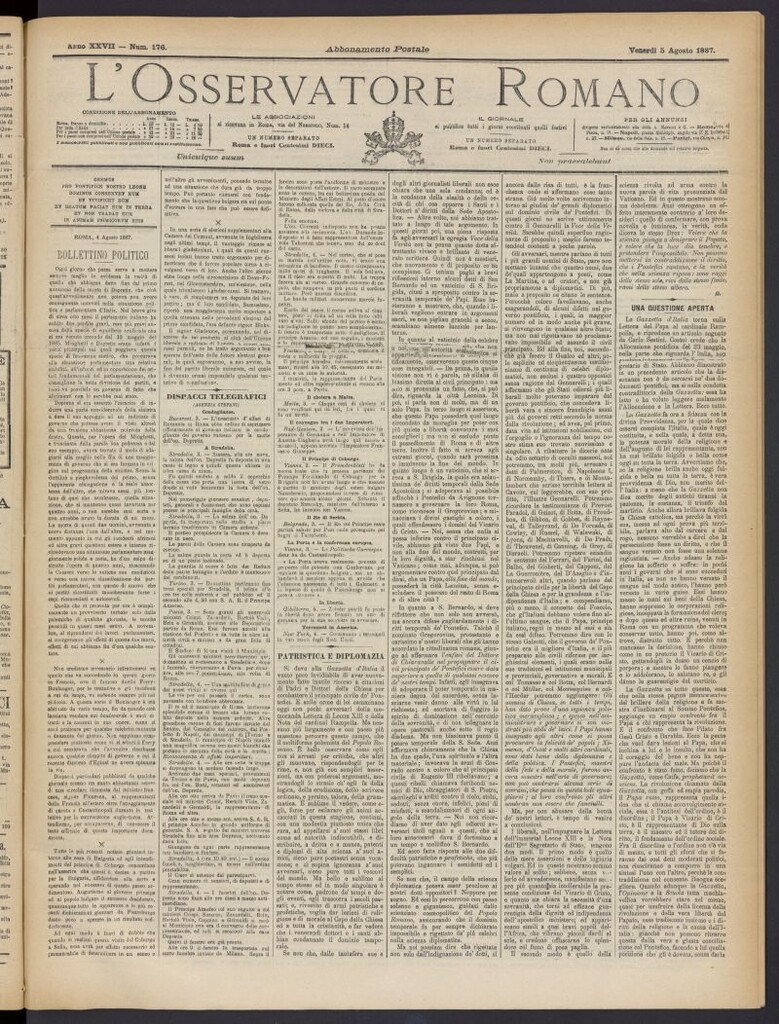 Miniatura de L´Osservattore Romano del 5 de agosto de 1887, nº 176