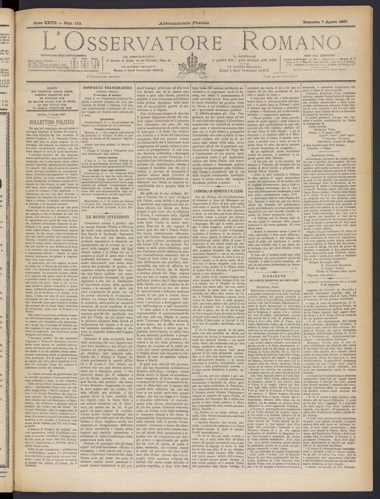 Miniatura de L´Osservattore Romano del 7 de agosto de 1887, nº 178