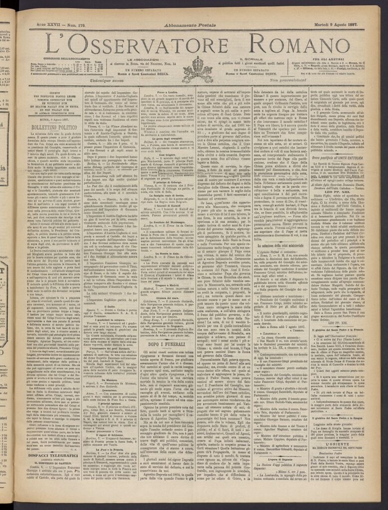 Miniatura de L´Osservattore Romano del 9 de agosto de 1887, nº 179