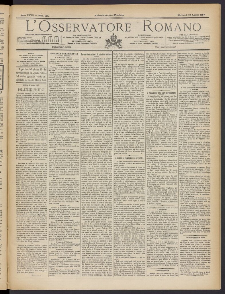 Miniatura de L´Osservattore Romano del 10 de agosto de 1887, nº 180