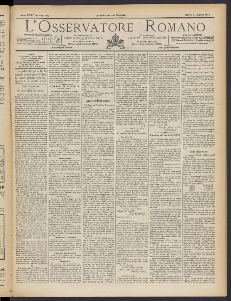 Miniatura de L´Osservattore Romano del 11 de agosto de 1887, nº 181