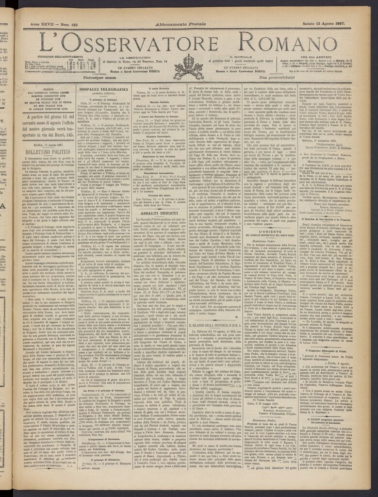 Miniatura de L´Osservattore Romano del 13 de agosto de 1887, nº 183