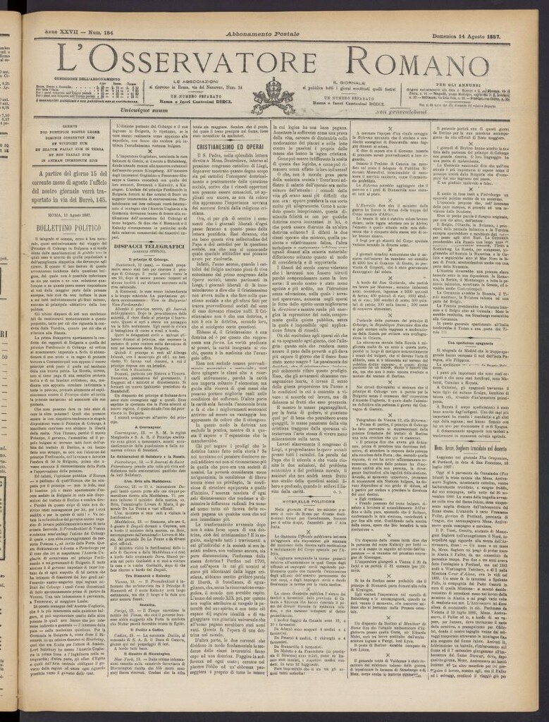 Miniatura de L´Osservattore Romano del 14 de agosto de 1887, nº 184