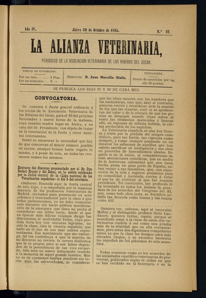 Miniatura de La alianza veterinaria, periódico de la Asociación veterinaria de las riberas del Júcar del 30 de octubre de 1885