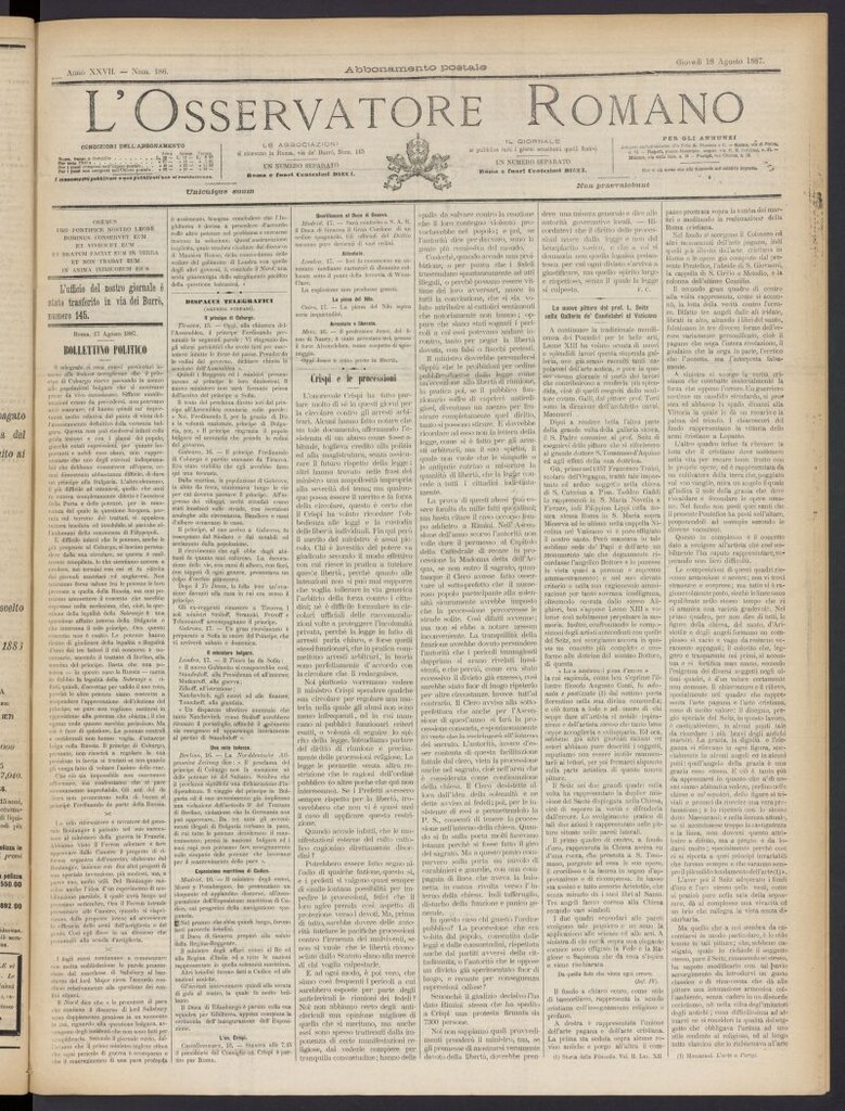 Miniatura de L´Osservattore Romano del 18 de agosto de 1887, nº 186