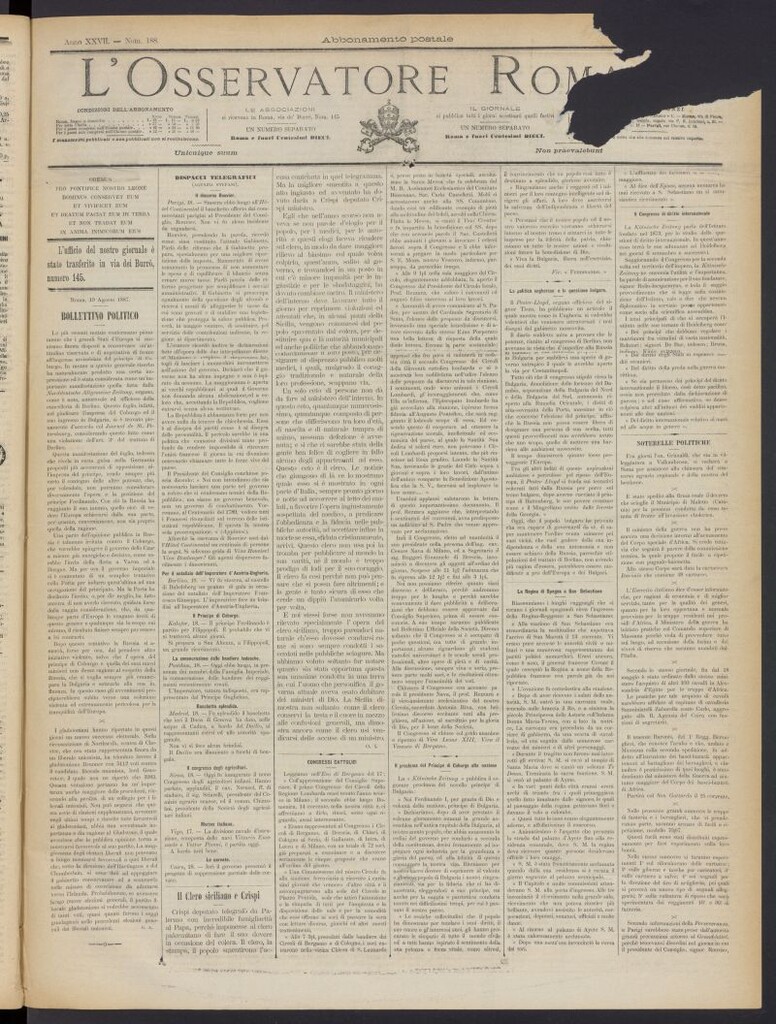 Miniatura de L´Osservattore Romano del 20 de agosto de 1887, nº 188