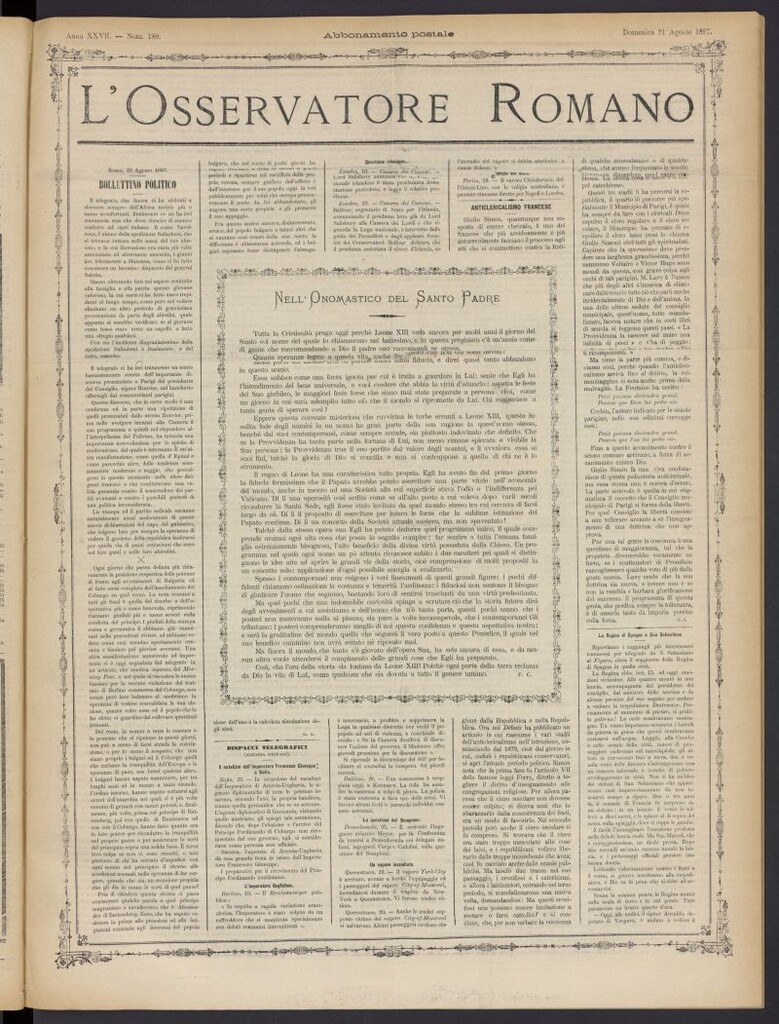 Miniatura de L´Osservattore Romano del 21 de agosto de 1887, nº 189