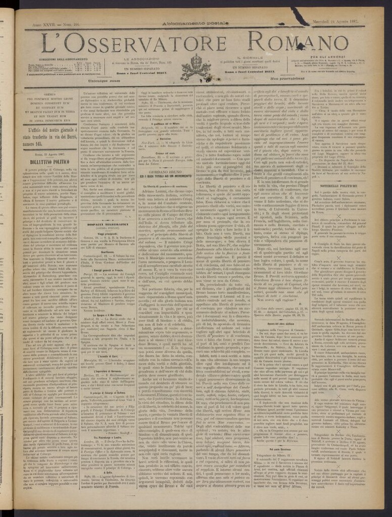 Miniatura de L´Osservattore Romano del 24 de agosto de 1887, nº 191