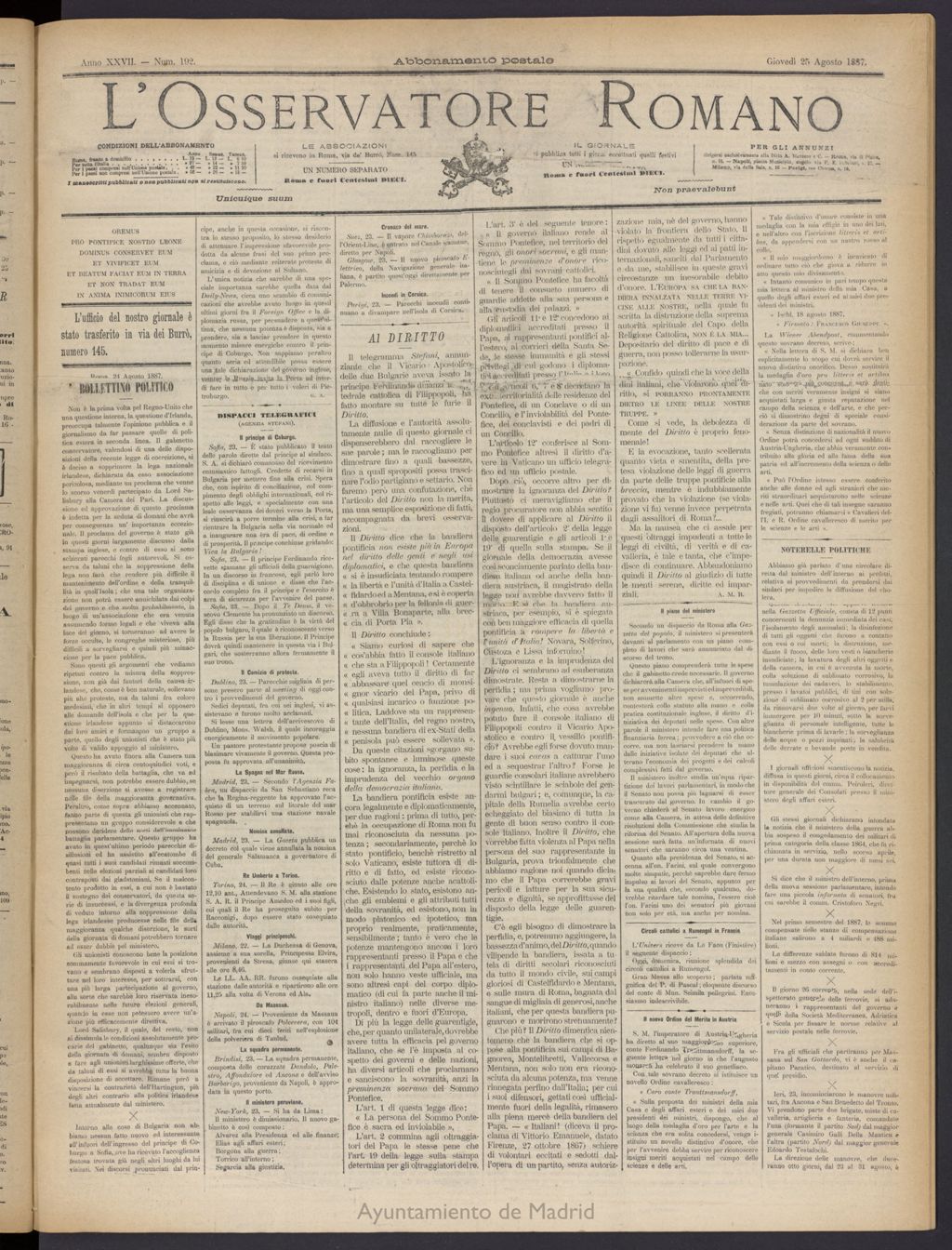 Miniatura de L´Osservattore Romano del 25 de agosto de 1887, nº 192