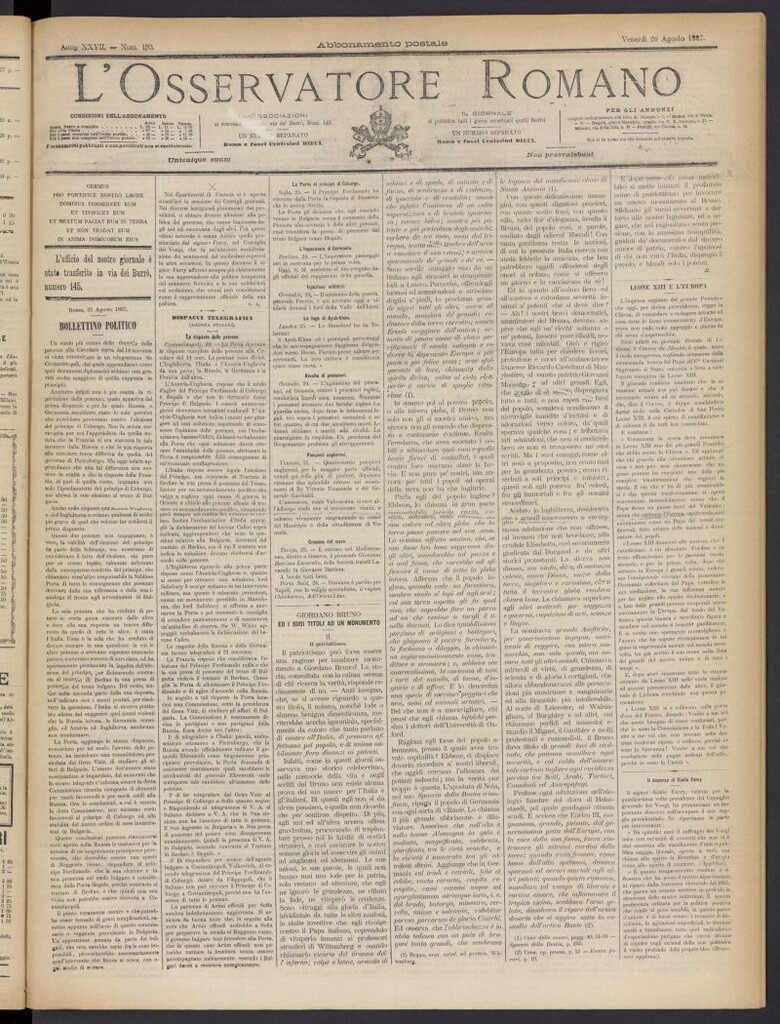 Miniatura de L´Osservattore Romano del 26 de agosto de 1887, nº 193