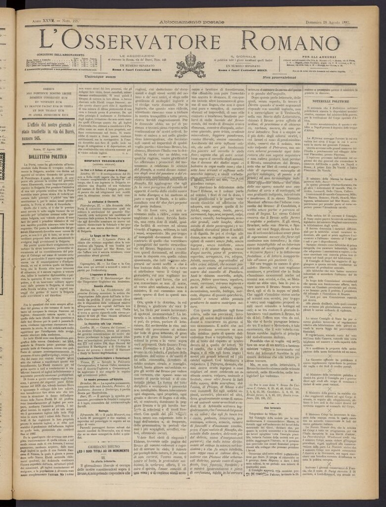 Miniatura de L´Osservattore Romano del 28 de agosto de 1887, nº 195