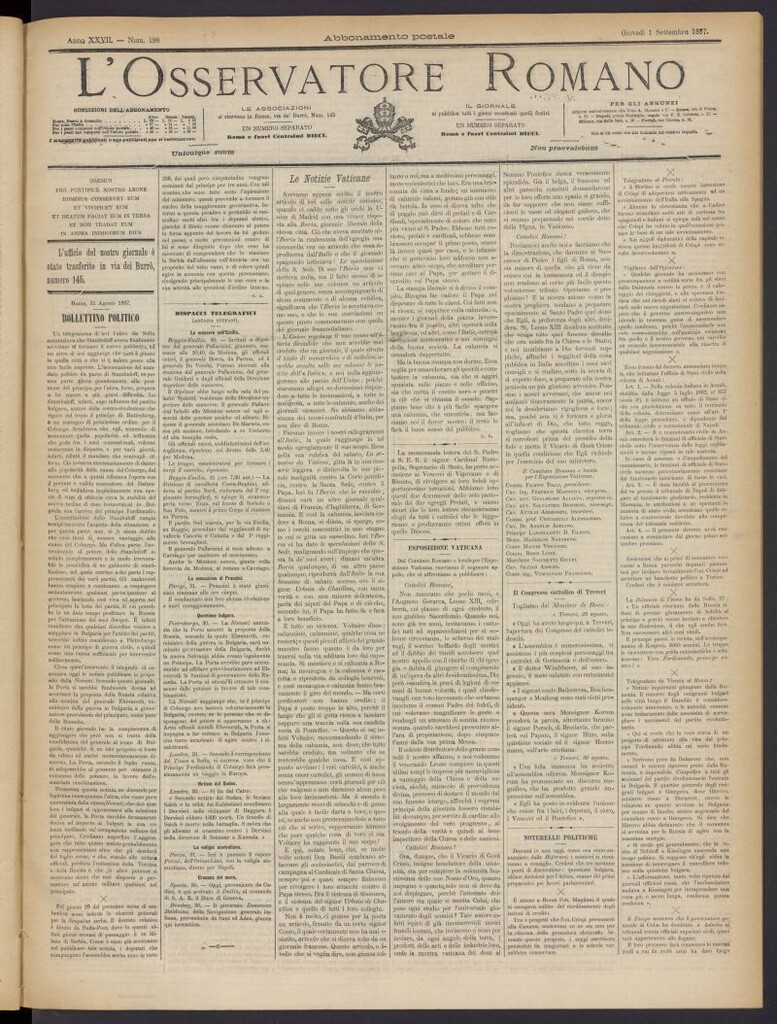 Miniatura de L´Osservattore Romano del 1 de septiembre de 1887, nº 198