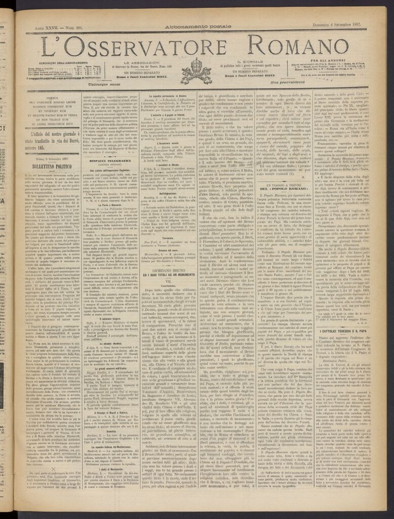 Miniatura de L´Osservattore Romano del 4 de septiembre de 1887, nº 201