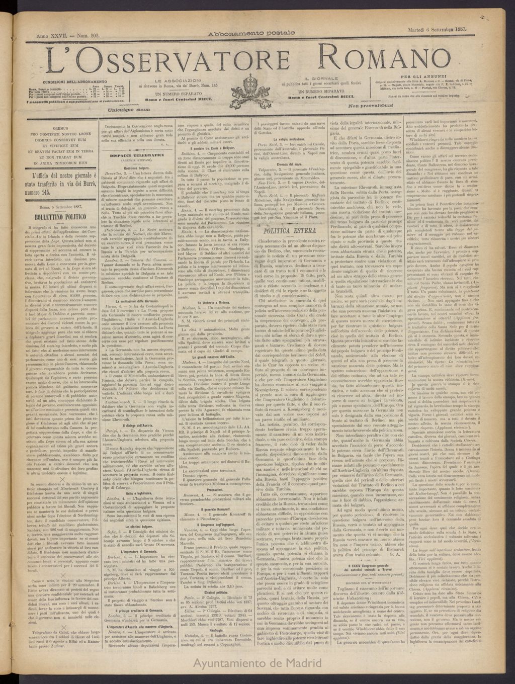 Miniatura de L´Osservattore Romano del 6 de septiembre de 1887, nº 202
