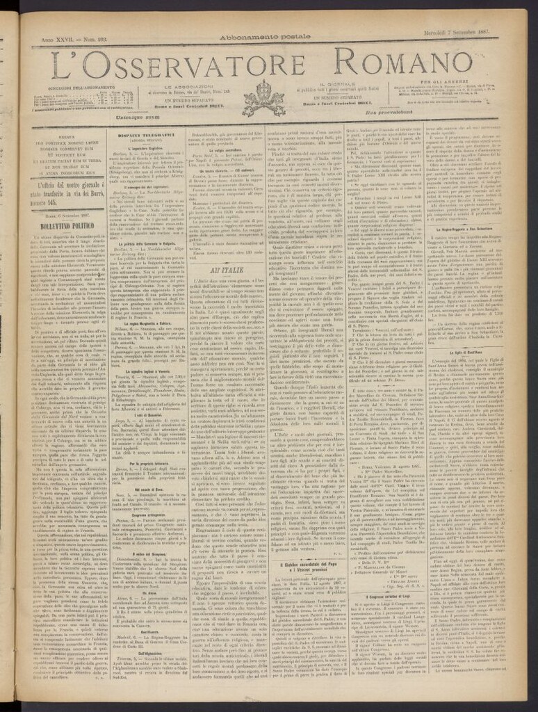 Miniatura de L´Osservattore Romano del 7 de septiembre de 1887, nº 203