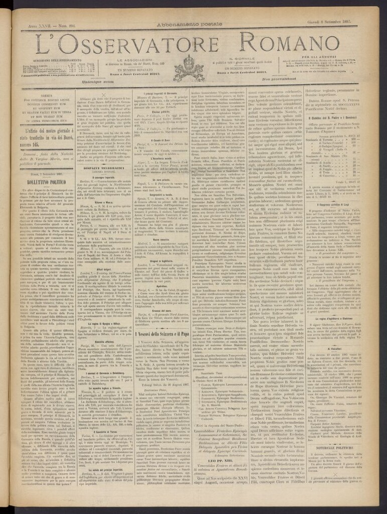 Miniatura de L´Osservattore Romano del 8 de septiembre de 1887, nº 204