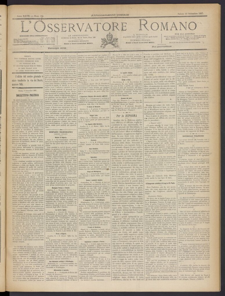 Miniatura de L´Osservattore Romano del 10 de septiembre de 1887, nº 205