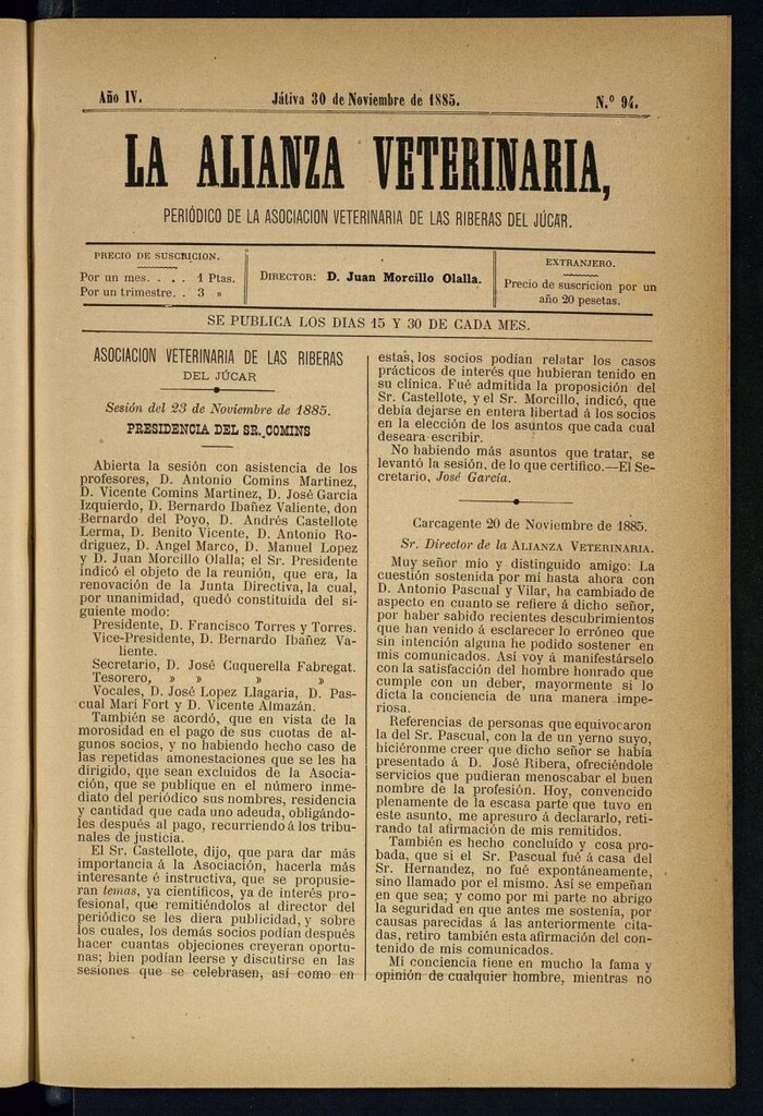 Miniatura de La alianza veterinaria, periódico de la Asociación veterinaria de las riberas del Júcar del 30 de noviembre de 1885