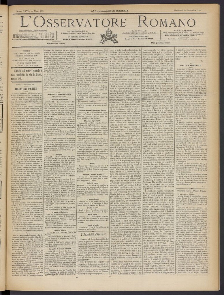 Miniatura de L´Osservattore Romano del 14 de septiembre de 1887, nº 208